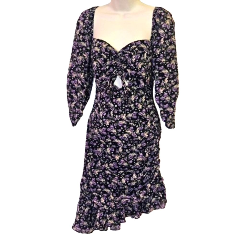 ASTR The Label Black/Purple Multi Ditsy Floral Asymmetrical CutOut Dress,Medium
